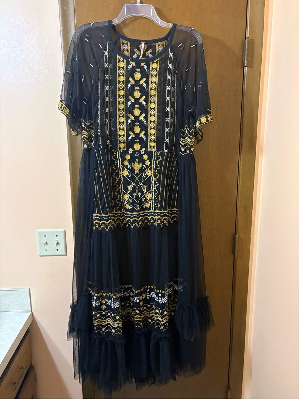 Free People black & gold floral embroidered tulle overlay midi dress